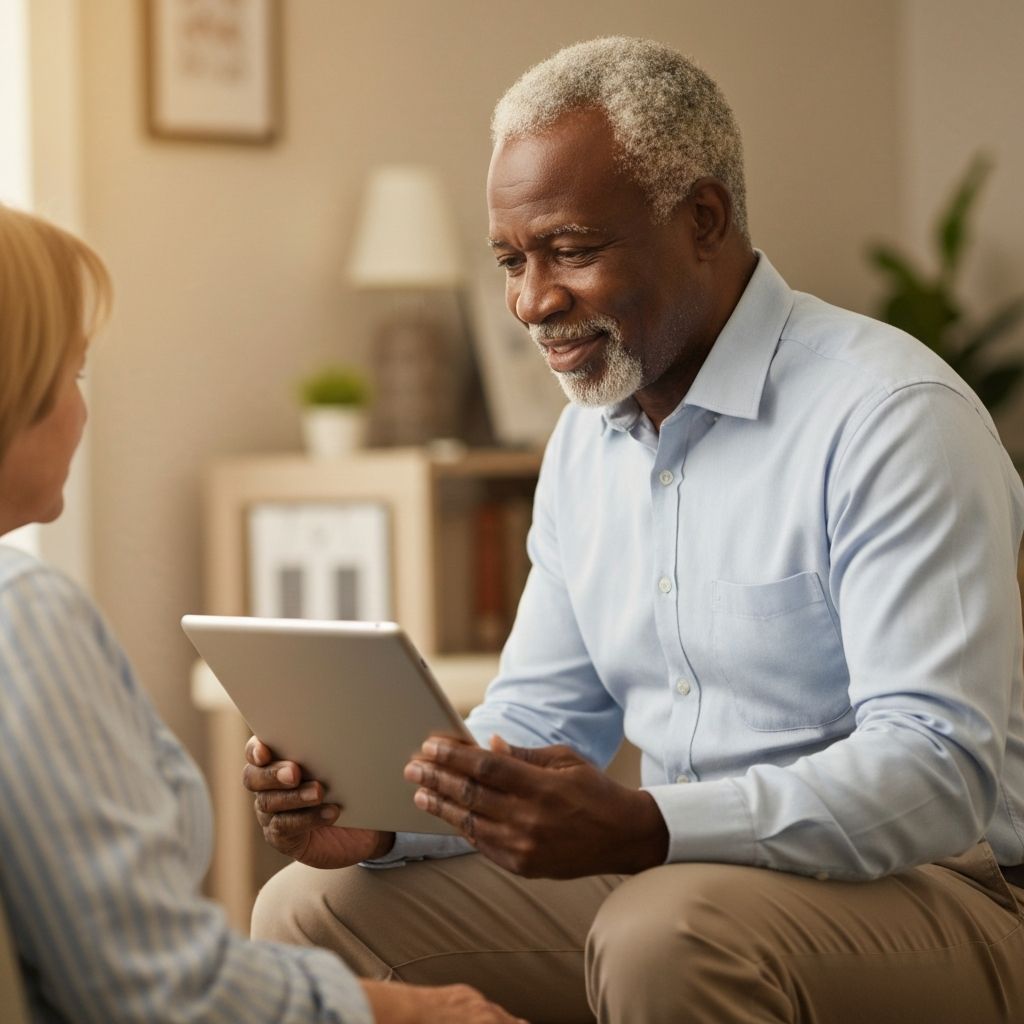 Social worker reading a tablet while consulting with a patient in a clinical setting