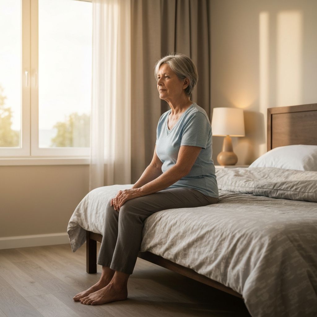 Elderly woman sitting on bed looking thoughtfully out window, representing personal independence and daily living goals