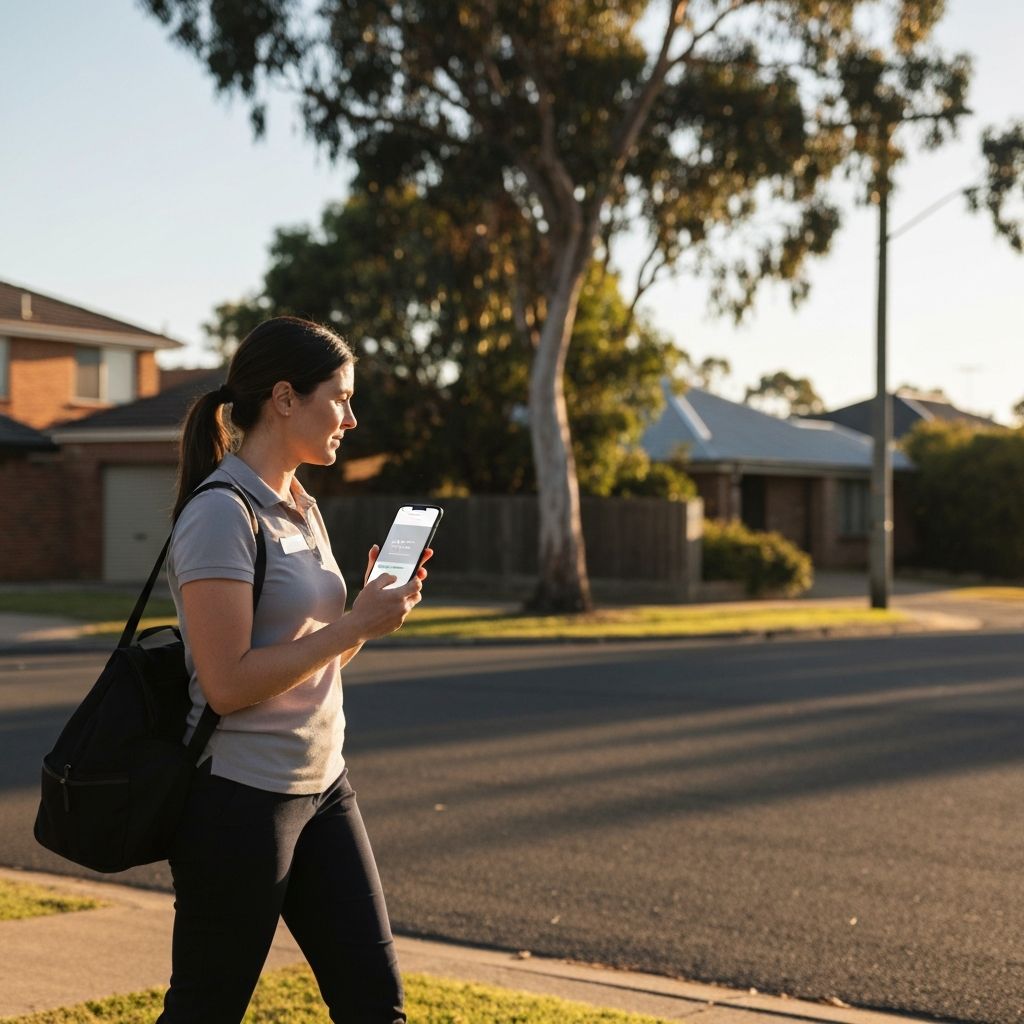 NDIS support worker using smartphone app while doing field work in suburban neighborhood