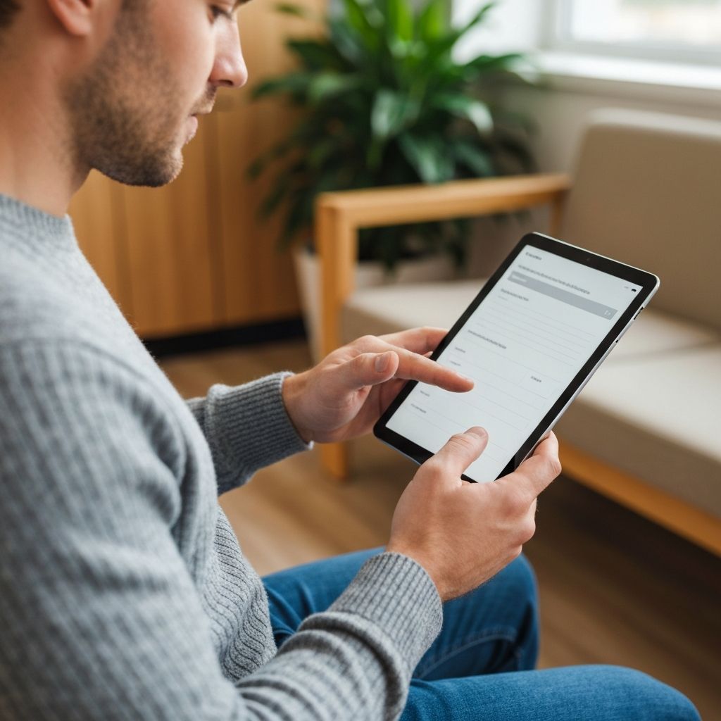 Man completing clinical outcome measure survey on tablet device in comfortable home setting