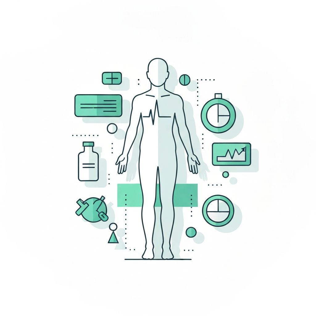 Human figure silhouette surrounded by clinical health metrics icons including charts, medication, and analytics